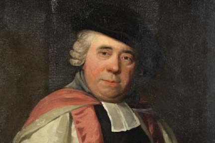A portrait painting of Samuel Arnold, wearing a black hat and a red and white cloak, against a black background
